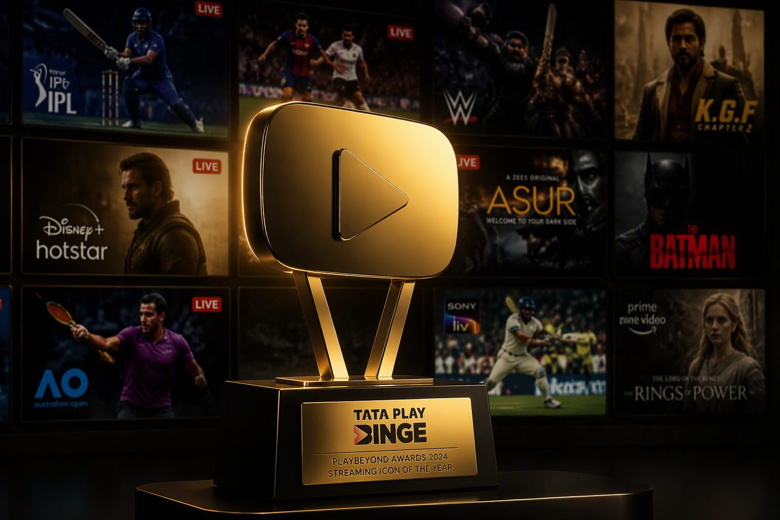 Golden play-button trophy in front of a wall of TV screens — best IPTV panel 2026