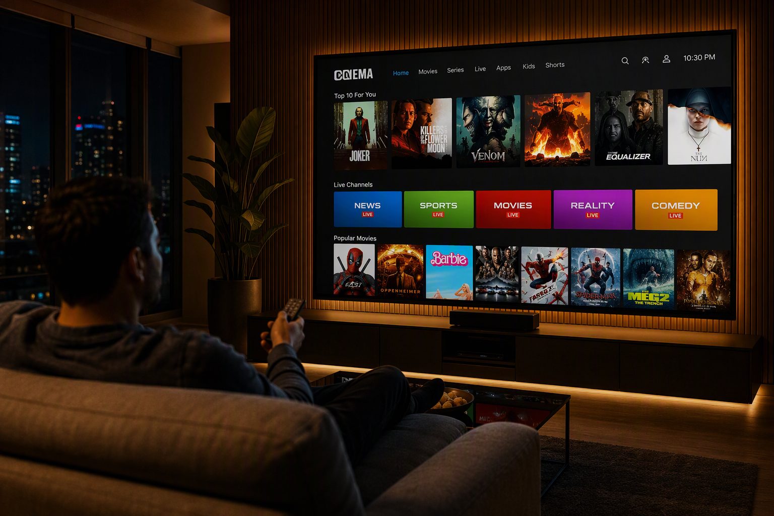 Person choosing from a wall of channels and movie posters — how to choose IPTV subscription 2026