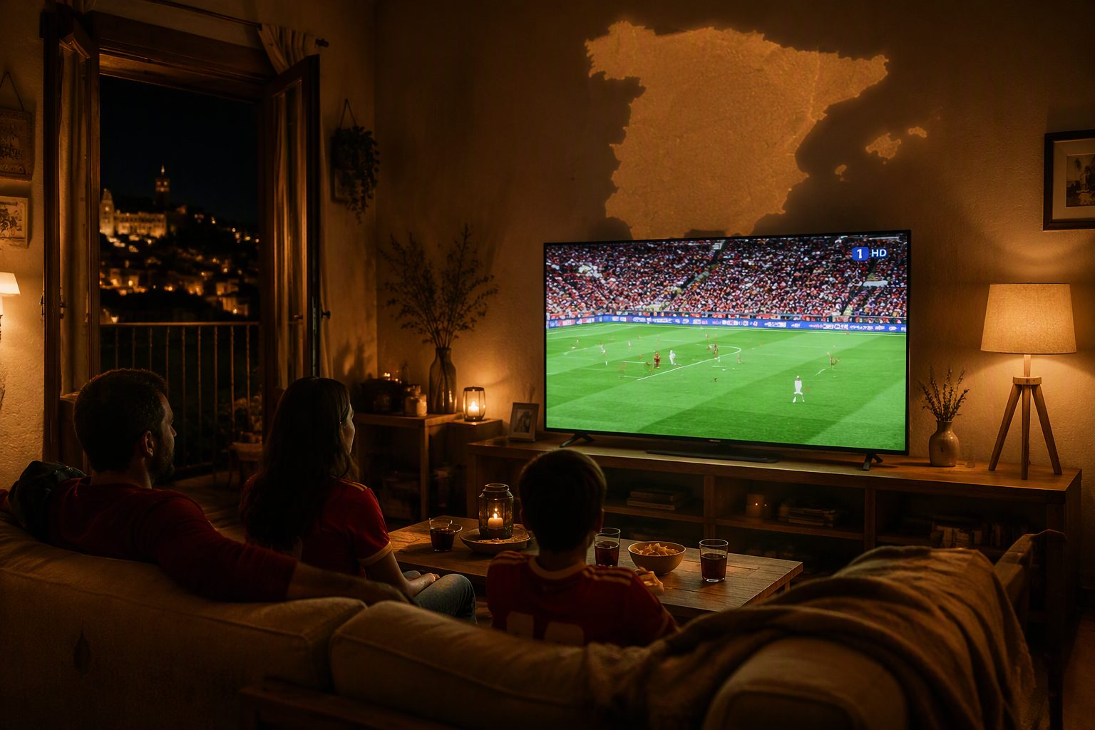Living room in Spain with a glowing TV showing a football match — Nexon IPTV Spain
