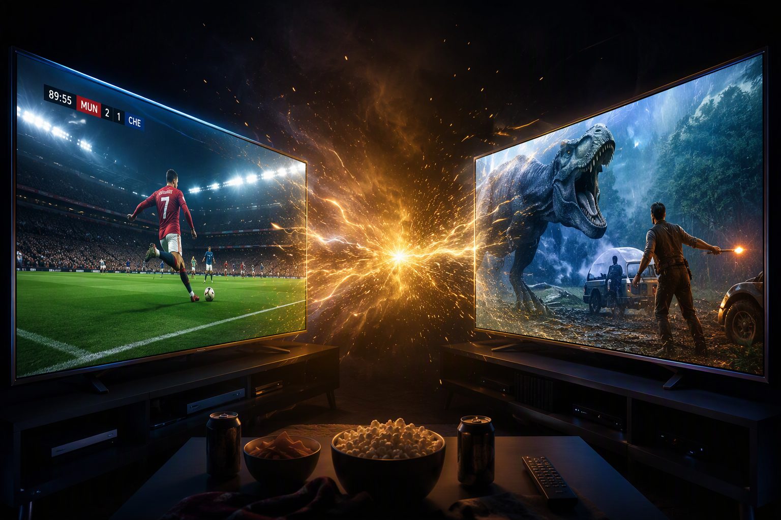 Two TV screens facing off — TREX IPTV vs MegaOTT comparison