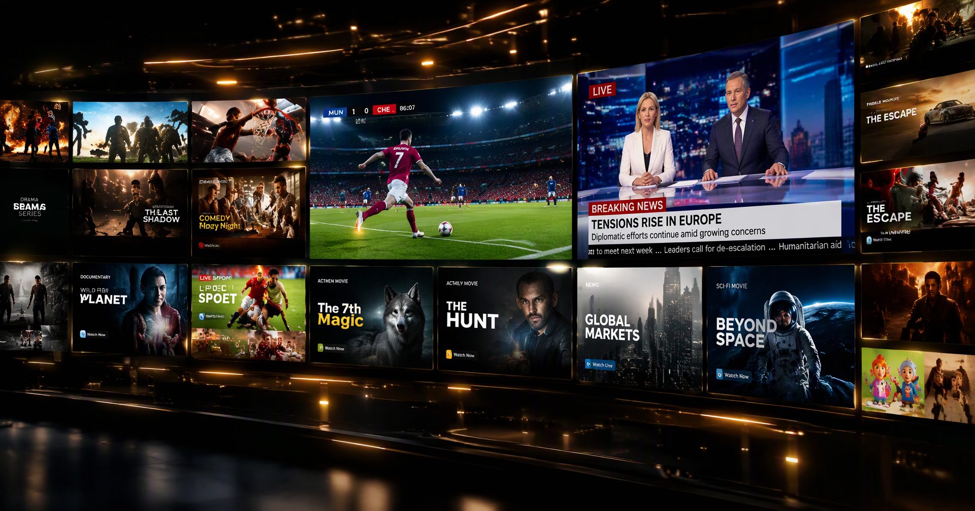 Wall of glowing TV screens in gold and black — 8K Strong IPTV review